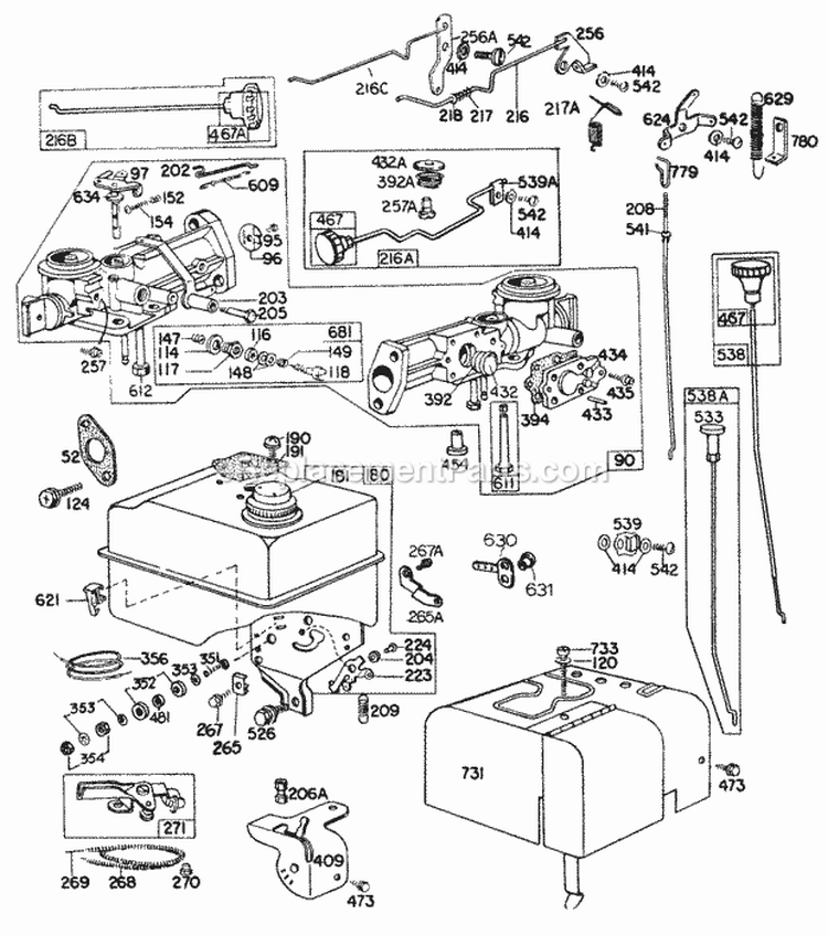 CarburetorFuel PartsControls Diagram and Parts List for  Briggs and Stratton